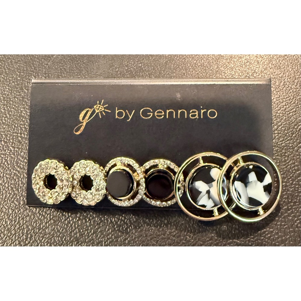 Womens Earring Set Black‎ White Gold Rhinestone Marbled Studs 3pk NEW
